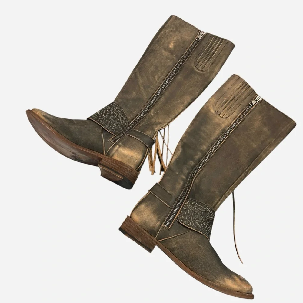 Very Volatile Rainstorm Knee High Tan Boots Tall Leather Boots With Fringe